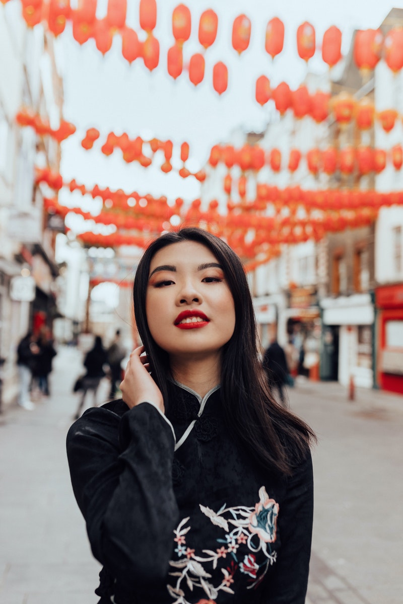 Portrait of Woman in Traditional Chinese Outfit Standing on Street with Orange Paper Lanterns